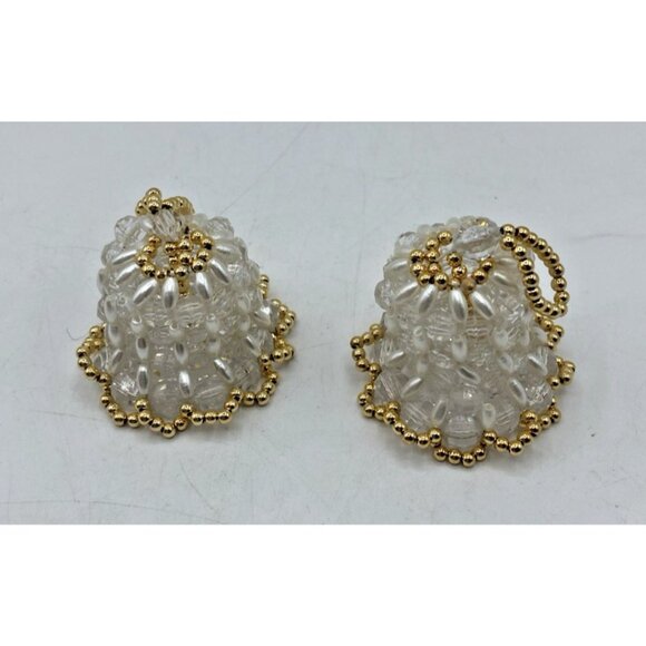 Vtg Handmade Beaded Bell Ornaments Set 2 White Gold Christmas Holiday Decor - Picture 4 of 10